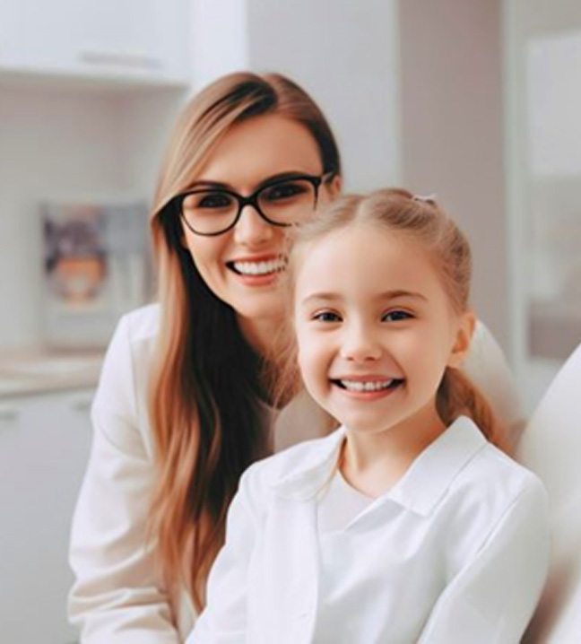 Happy little girl and dental team member